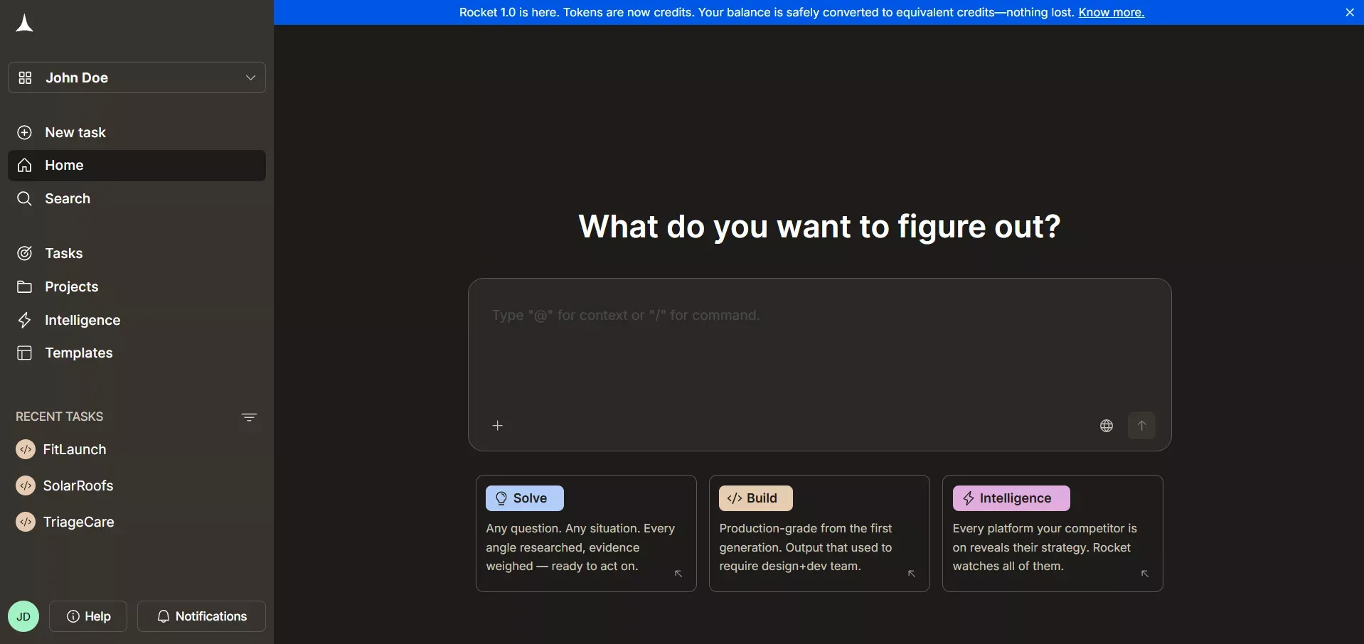 Rocket.new dashboard homepage showing the "What do you want to figure out?" prompt box above three feature cards for Solve, Build, and Intelligence.