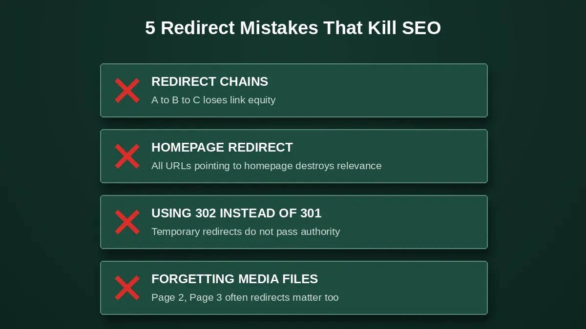 Five redirect mistakes that kill SEO shown as 3D raised cards