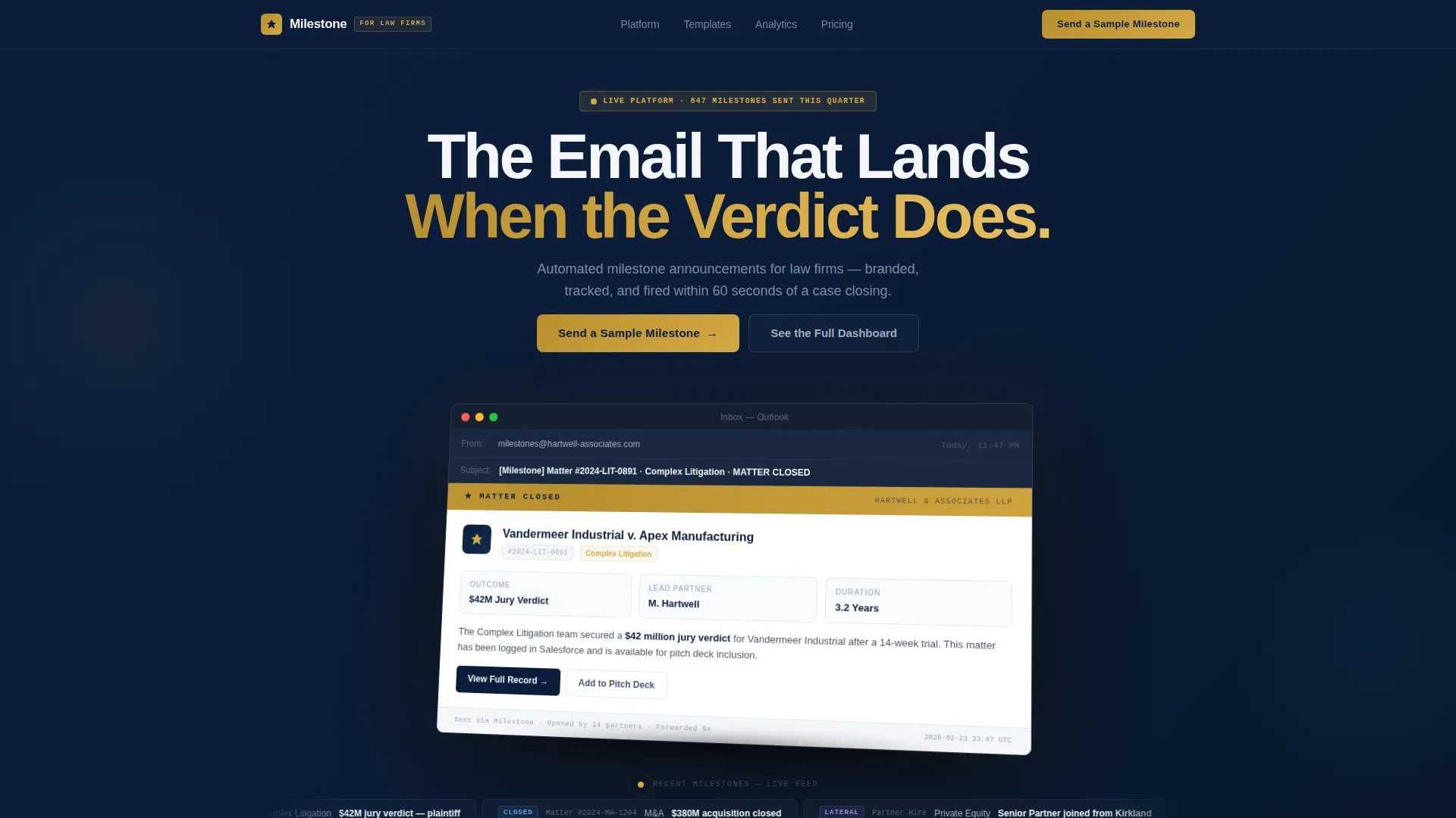 Law Firm Milestone Email Platform Landing Page