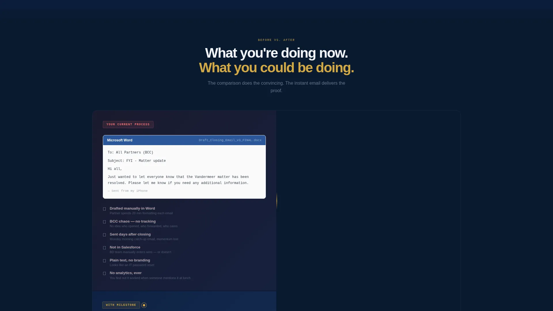 Law Firm Milestone Email Platform Landing Page