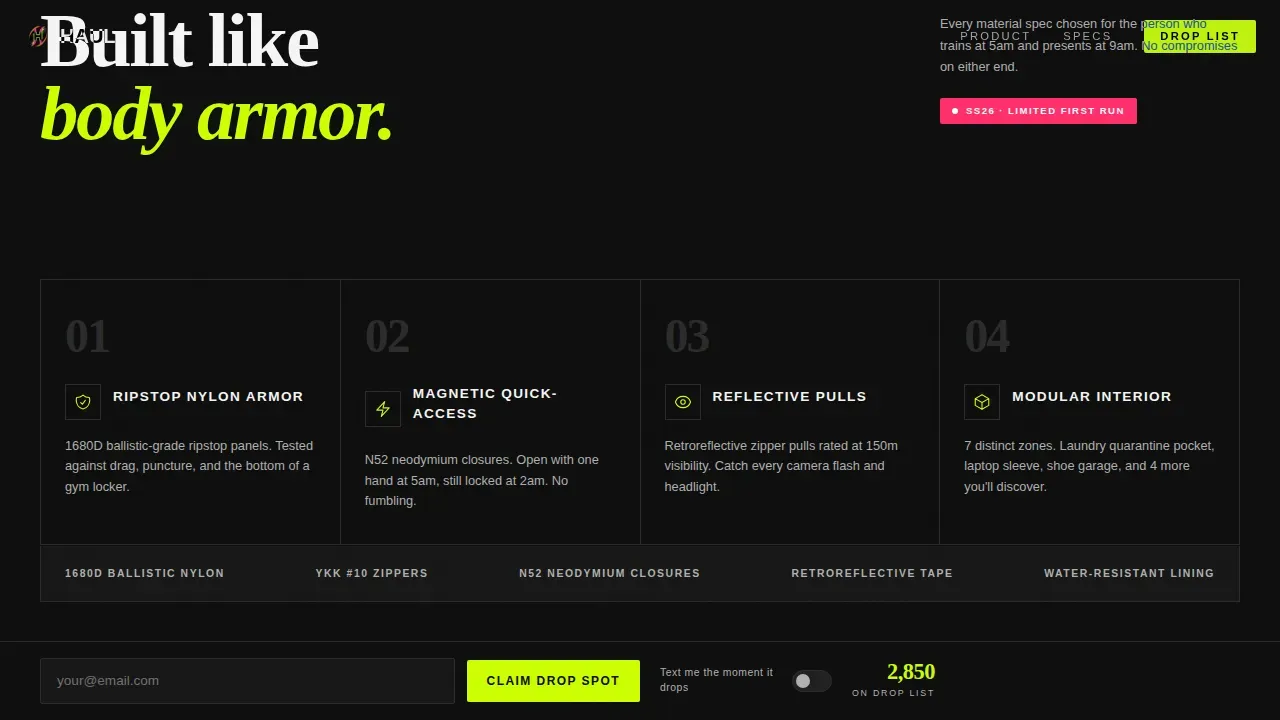 Bold Brutalist Athleisure Bag Brand Landing Page Template