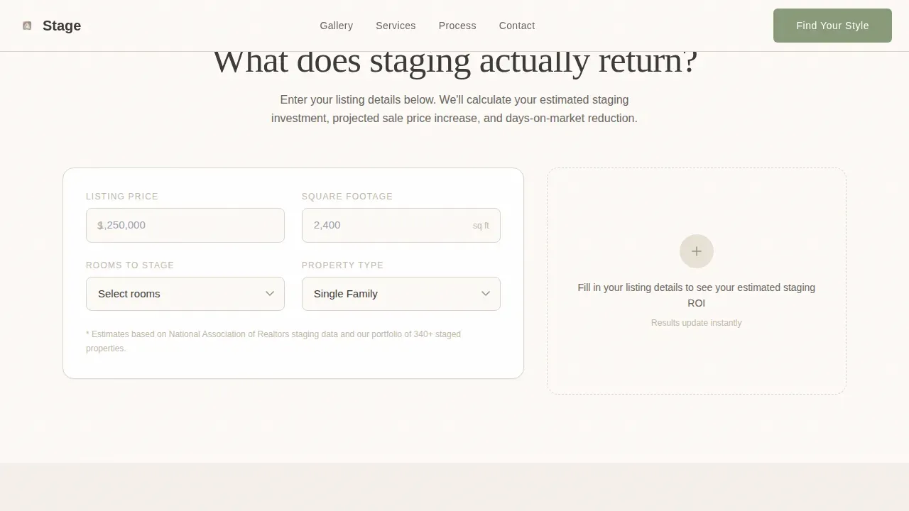 Home Staging & Decor Cost Estimator Website Template