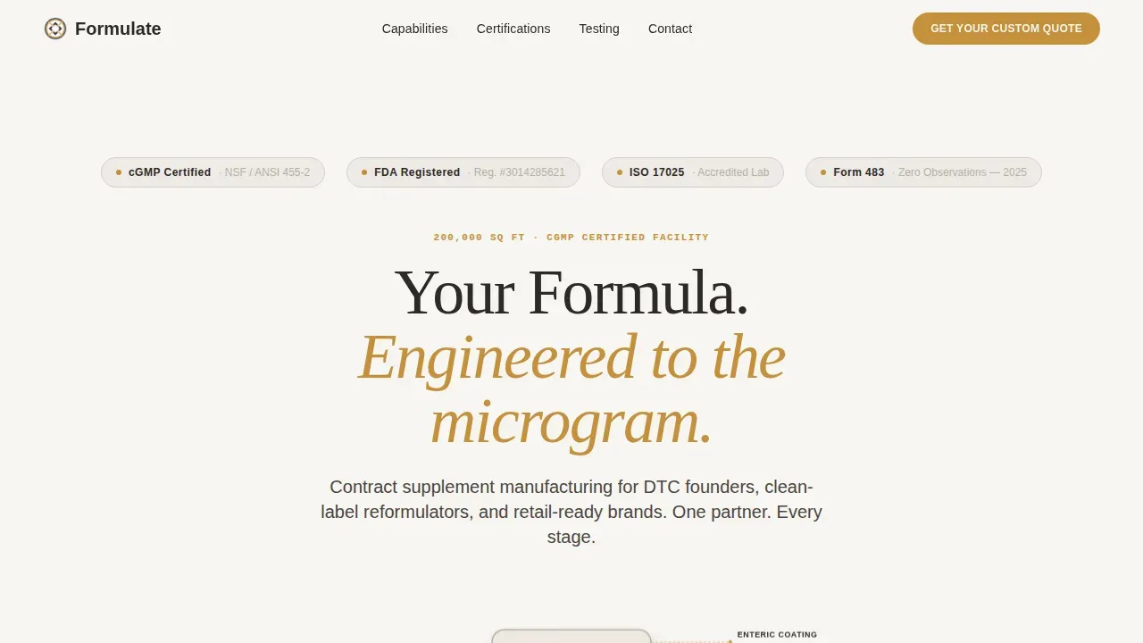 Precision Supplement Manufacturing Landing Page Template