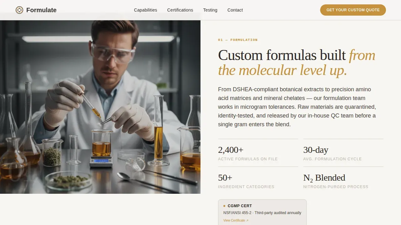 Precision Supplement Manufacturing Landing Page Template