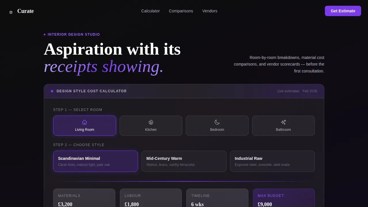 Interior Design Studio Cost Calculator Website Template
