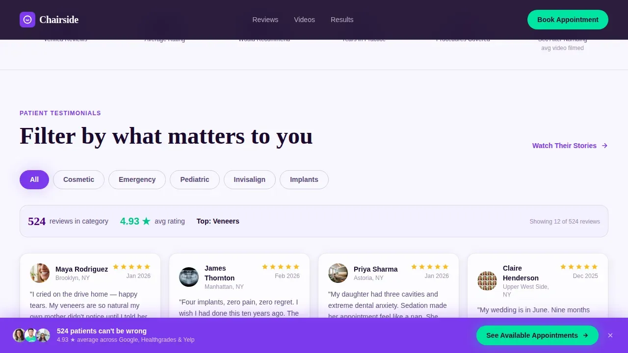 Dental Practice Patient Testimonials Dashboard Website Template