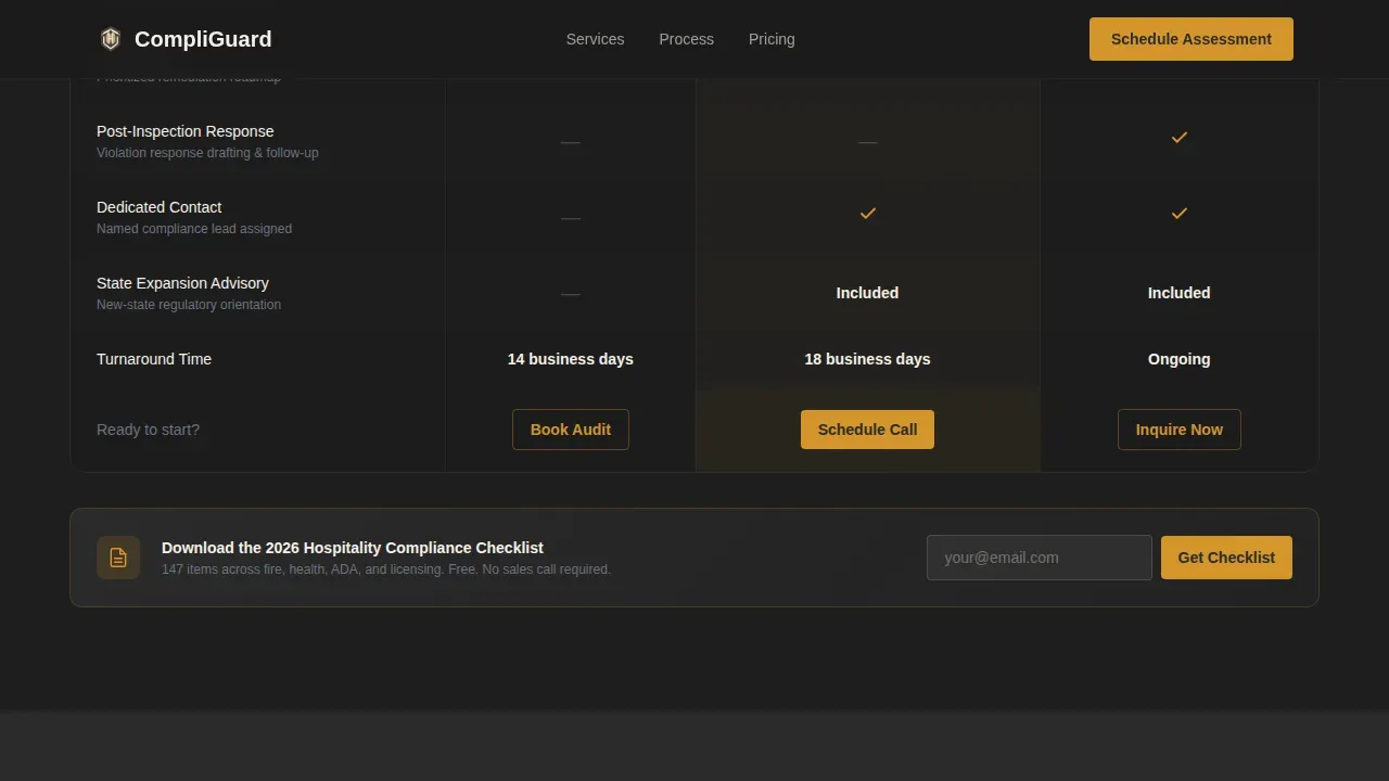 Hospitality Compliance Consultant Landing Page Template