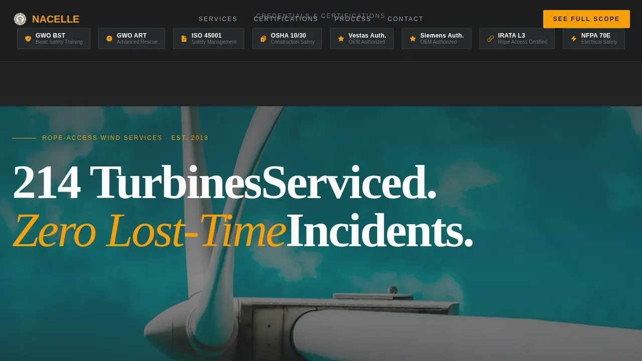 Industrial Wind Technician Service Landing Page Template