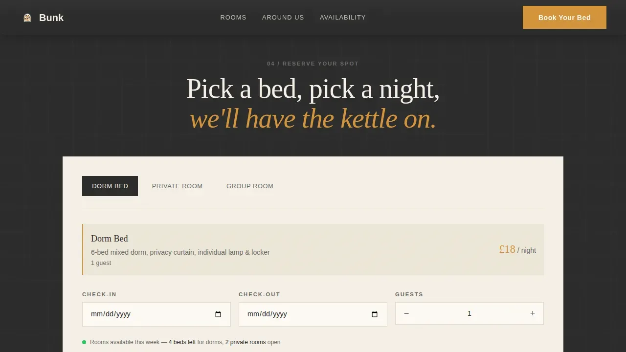 Pastoral Calm Student Hostel Landing Page Template