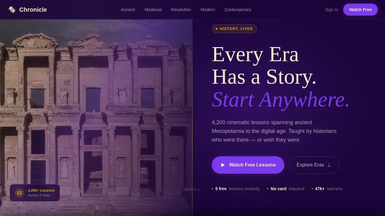 Cinematic History Video Lesson Landing Page Template