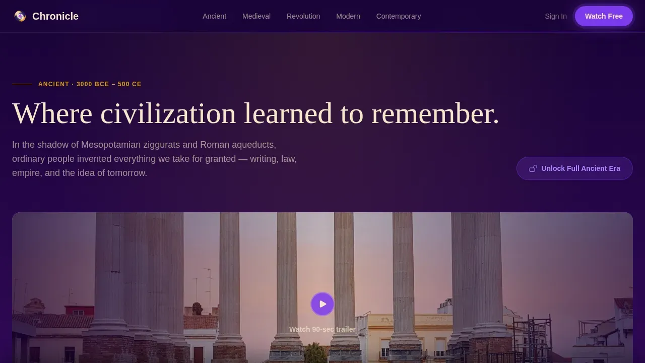 Cinematic History Video Lesson Landing Page Template