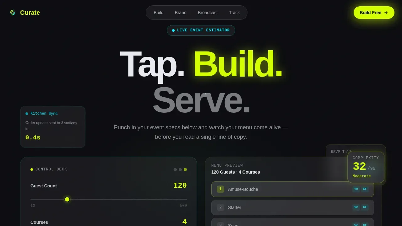 Interactive Digital Menu Event Planning Landing Page