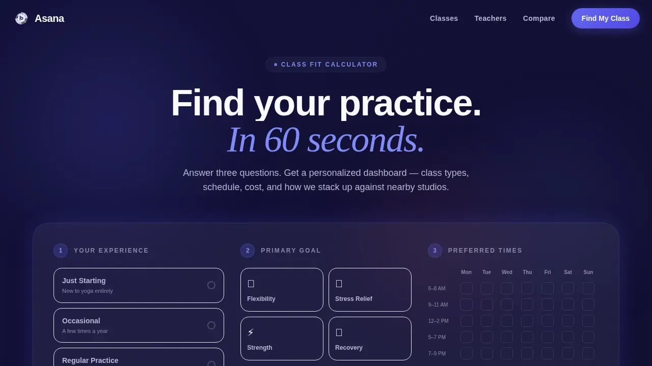 Yoga Studio Class Finder & Membership Comparison Website Template