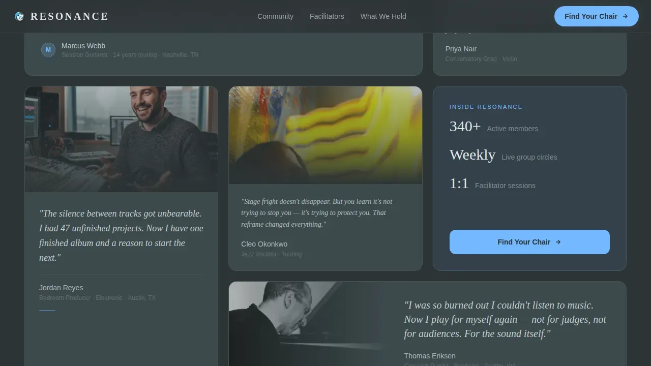 Musicians Community Reviews & Testimonials Website Template
