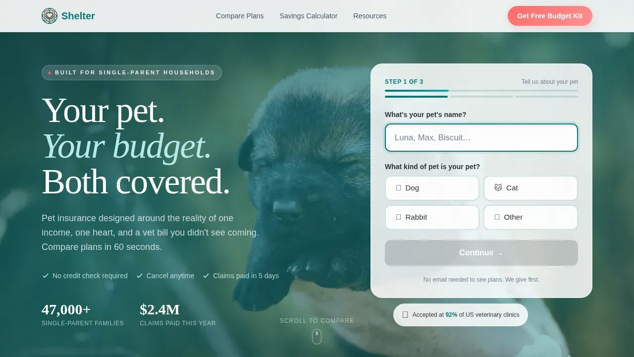 Single Parent Pet Insurance Comparison Landing Page