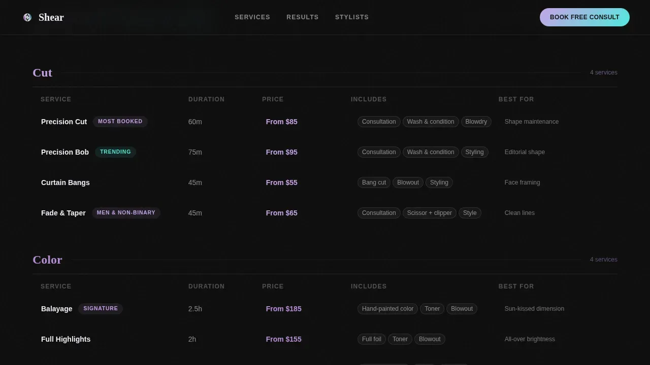 Hair Salon Build-Your-Visit Price Estimator Website Template