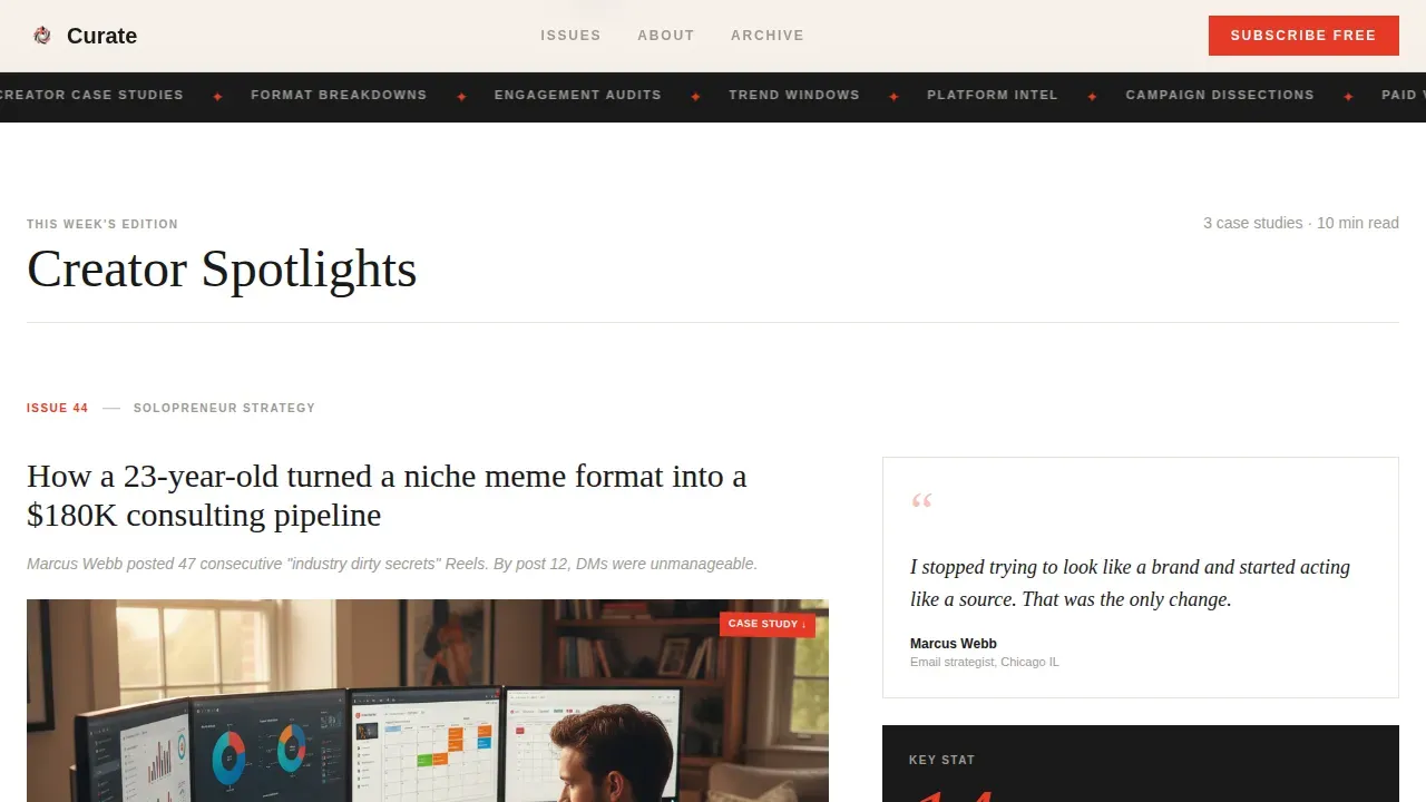 Editorial Creator Spotlight Social Media Newsletter Landing Page