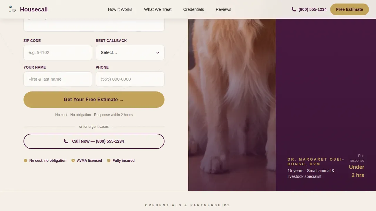 Licensed Mobile Veterinary Landing Page Template