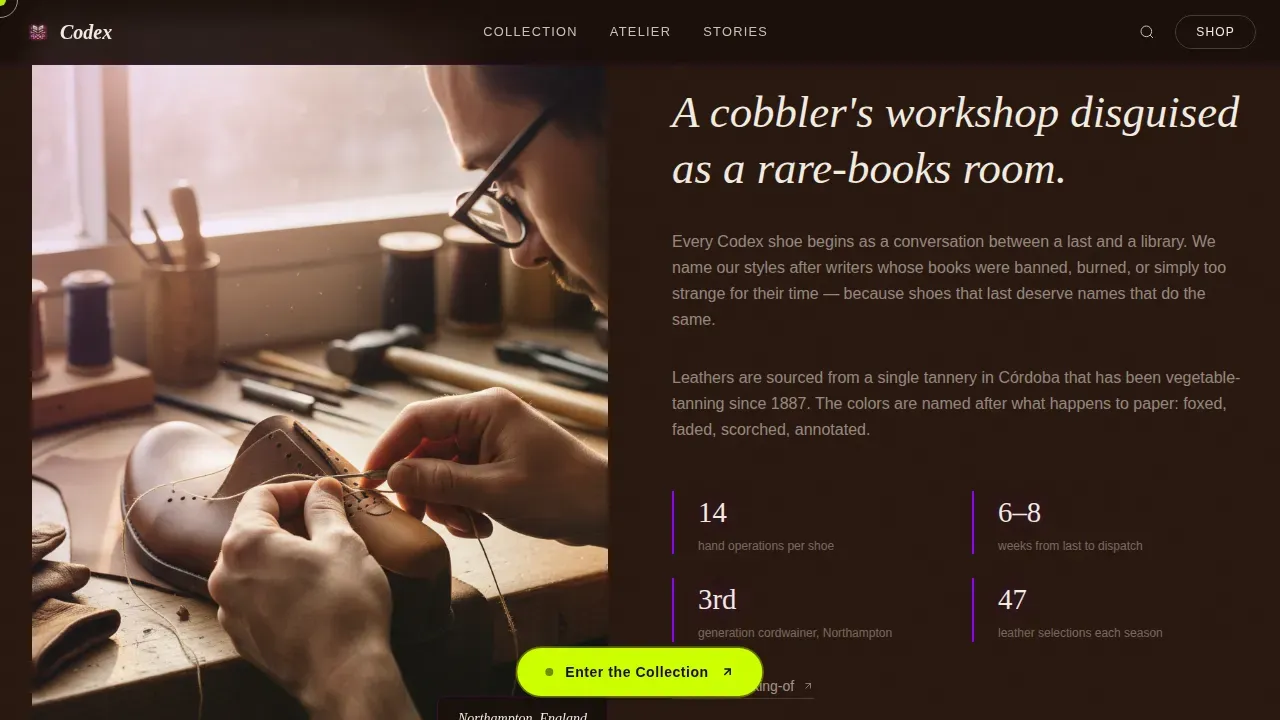 Dark Academia Artisan Shoe Brand Landing Page Template