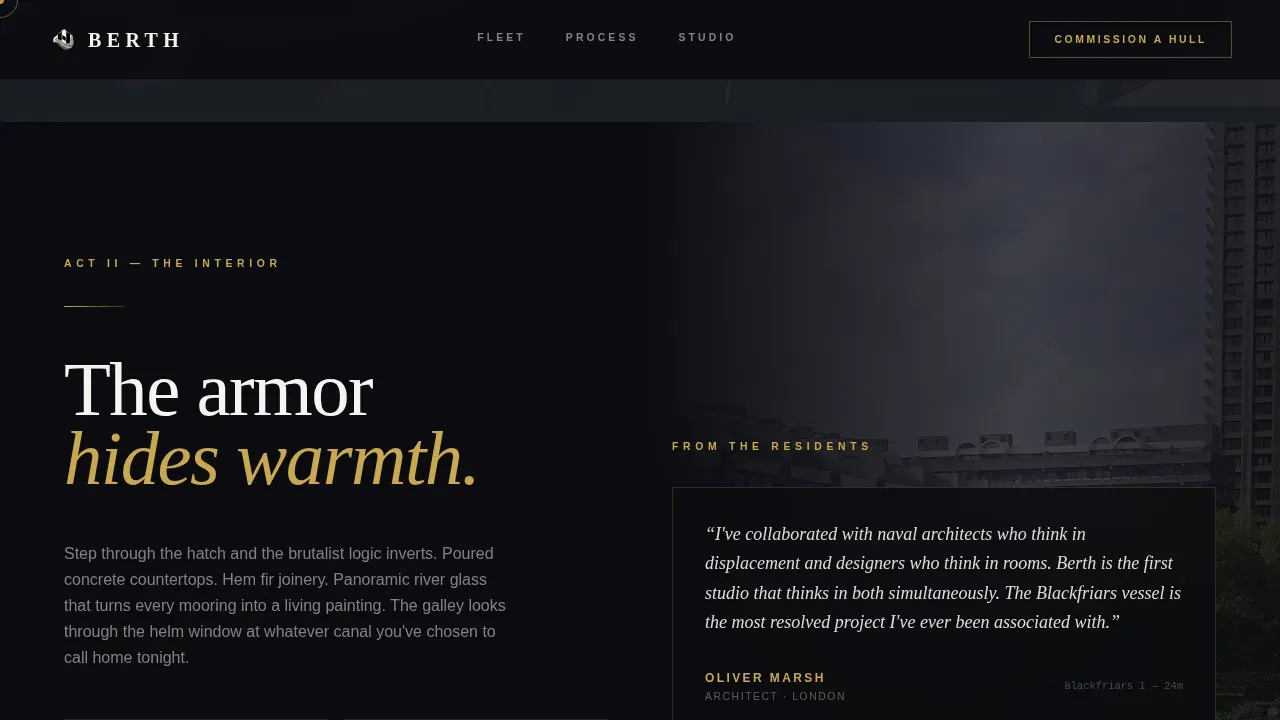 Bold Brutalist Houseboat Designer Landing Page Template