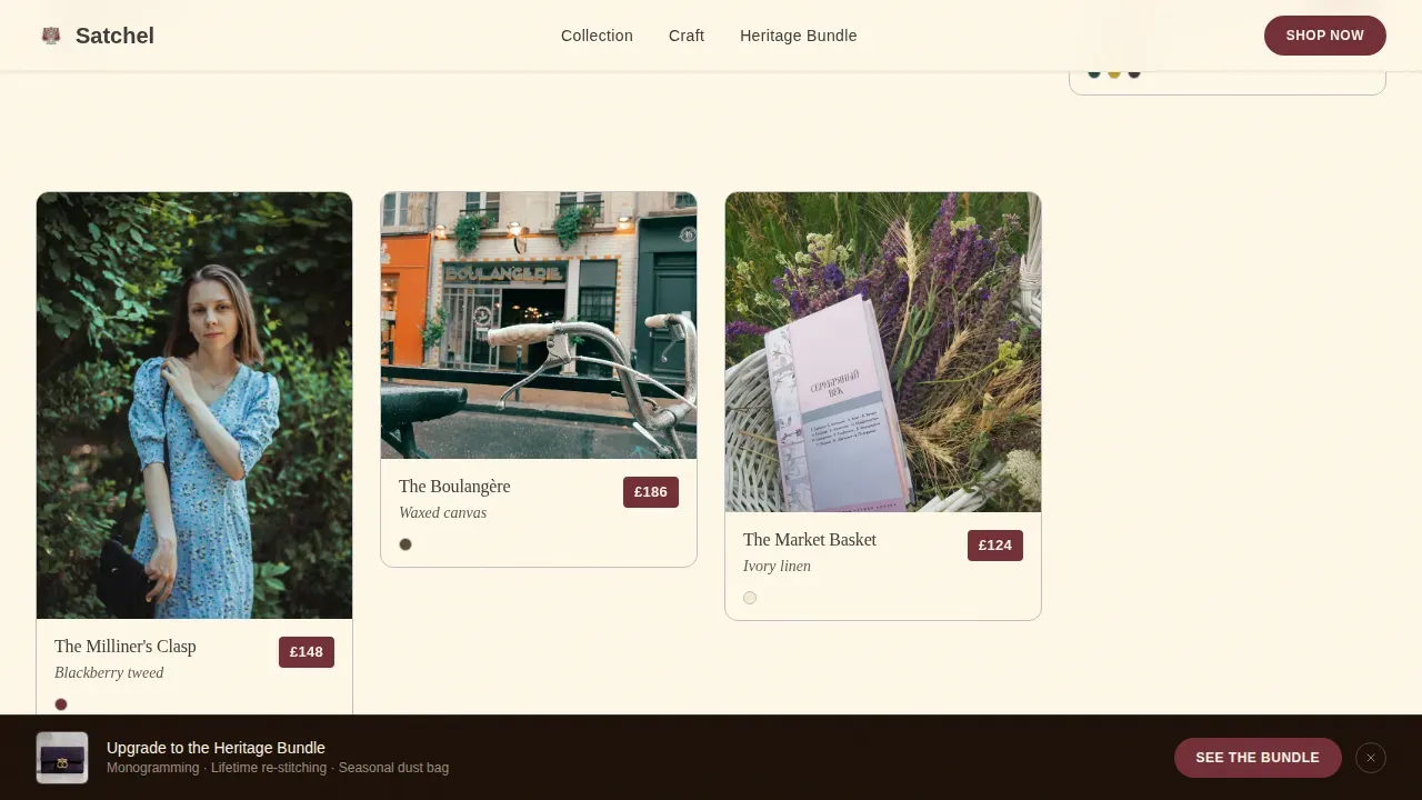 Neo-Retro Cottagecore Bag Brand Landing Page Template