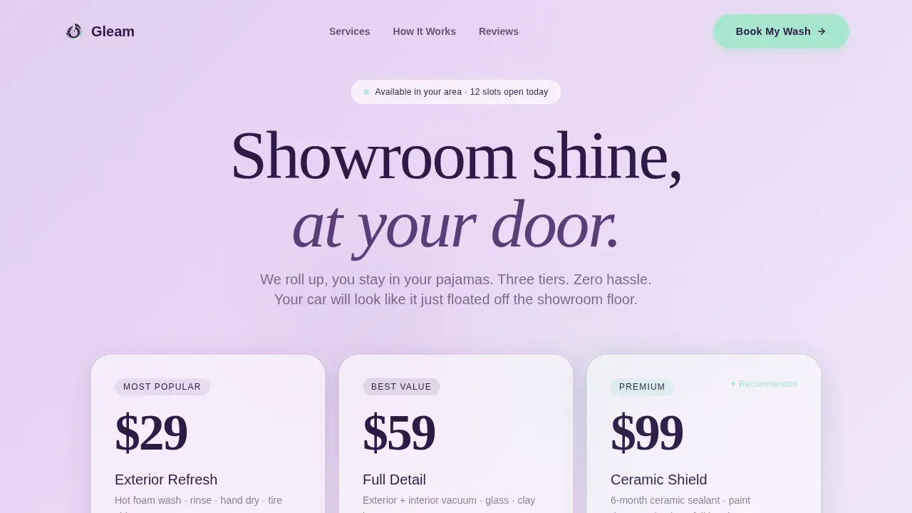 Mobile Car Wash Landing Page Template | Bento Grid