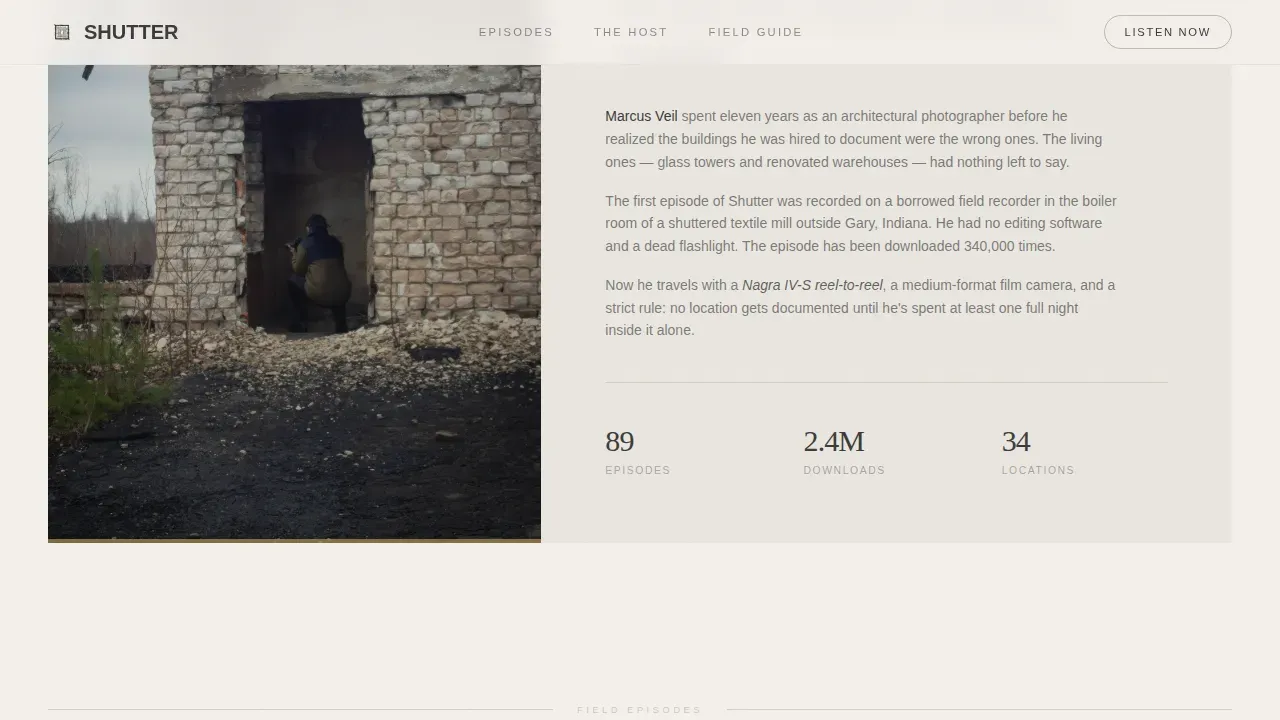 Immersive Abandoned Places Podcast | Free Website Template | Rocket