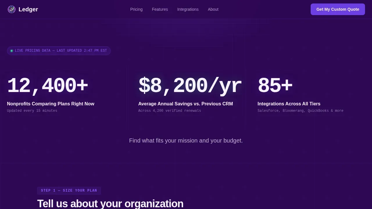 Nonprofit Pricing Landing Page Template | Dashboard Style