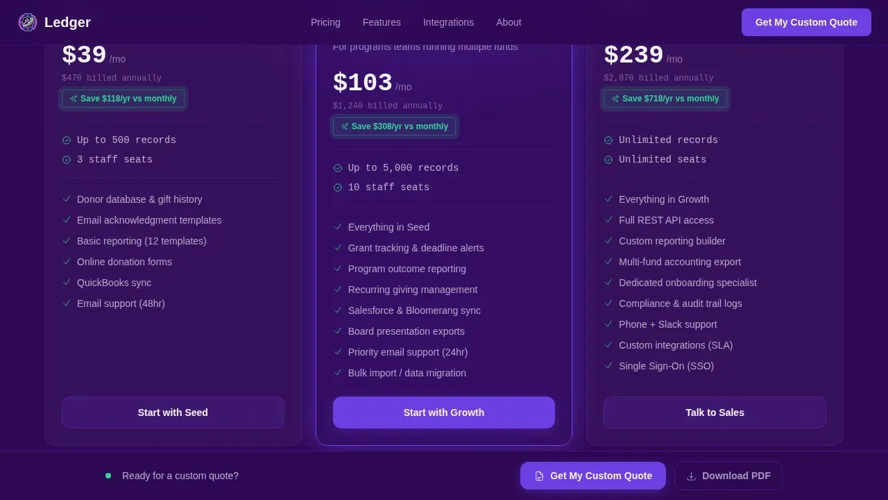 Nonprofit Pricing Landing Page Template | Dashboard Style