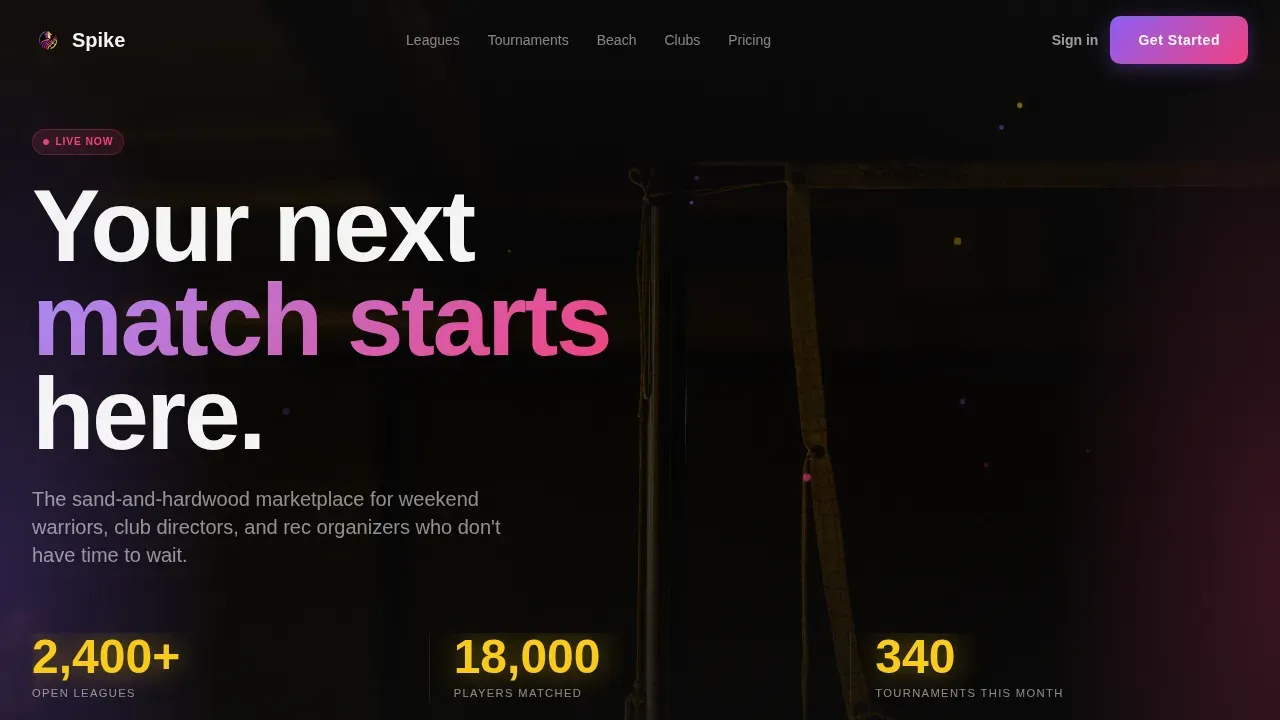 Electric Volleyball League Marketplace Landing Page