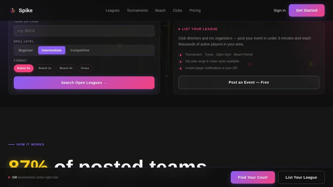 Electric Volleyball League Marketplace Landing Page