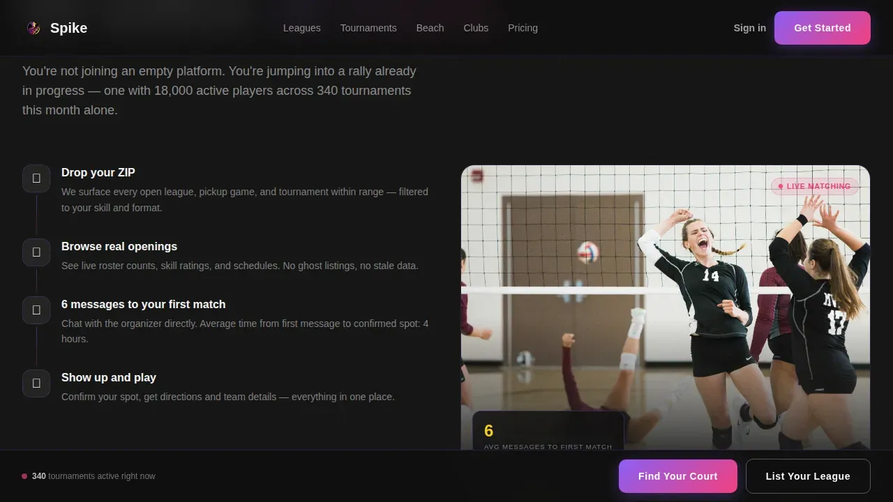 Electric Volleyball League Marketplace Landing Page