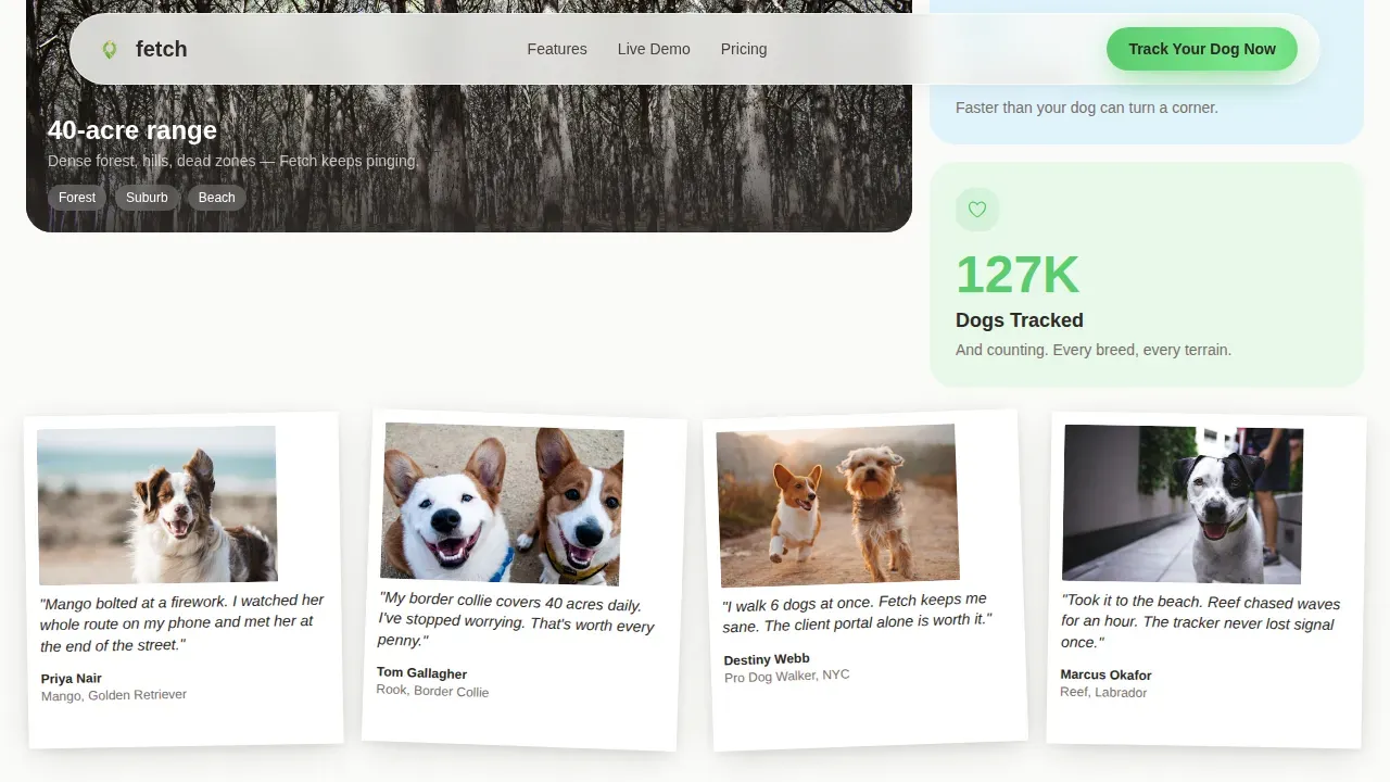 GPS Pet Tracker Landing Page Template | Fetch