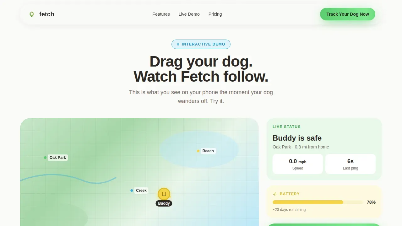 GPS Pet Tracker Landing Page Template | Fetch