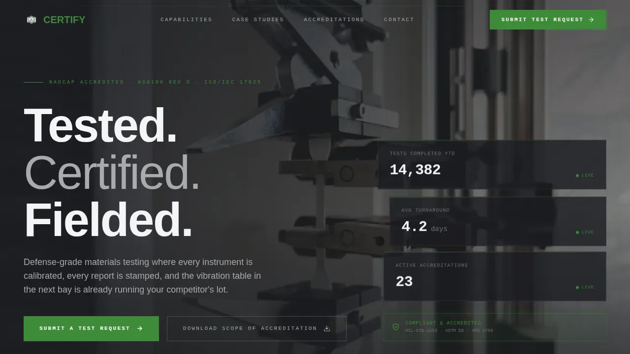 Defense Quality Testing Lab Landing Page Template