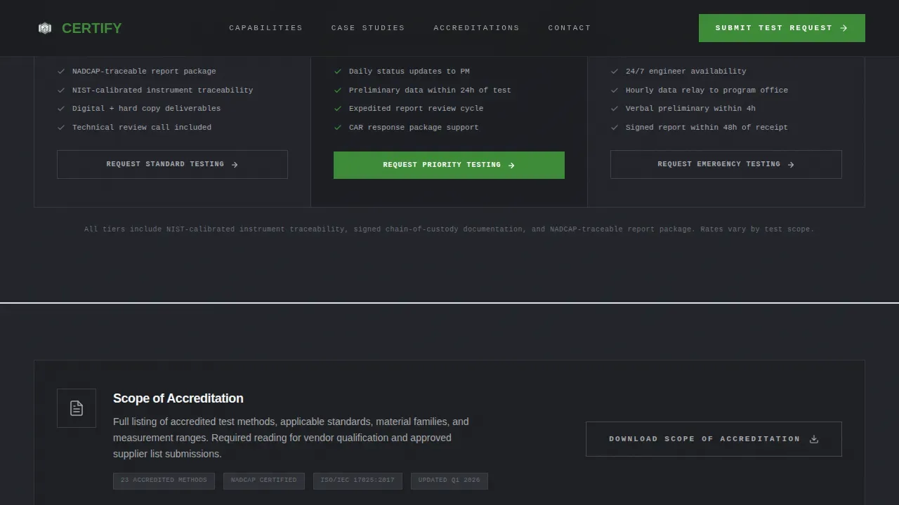 Defense Quality Testing Lab Landing Page Template
