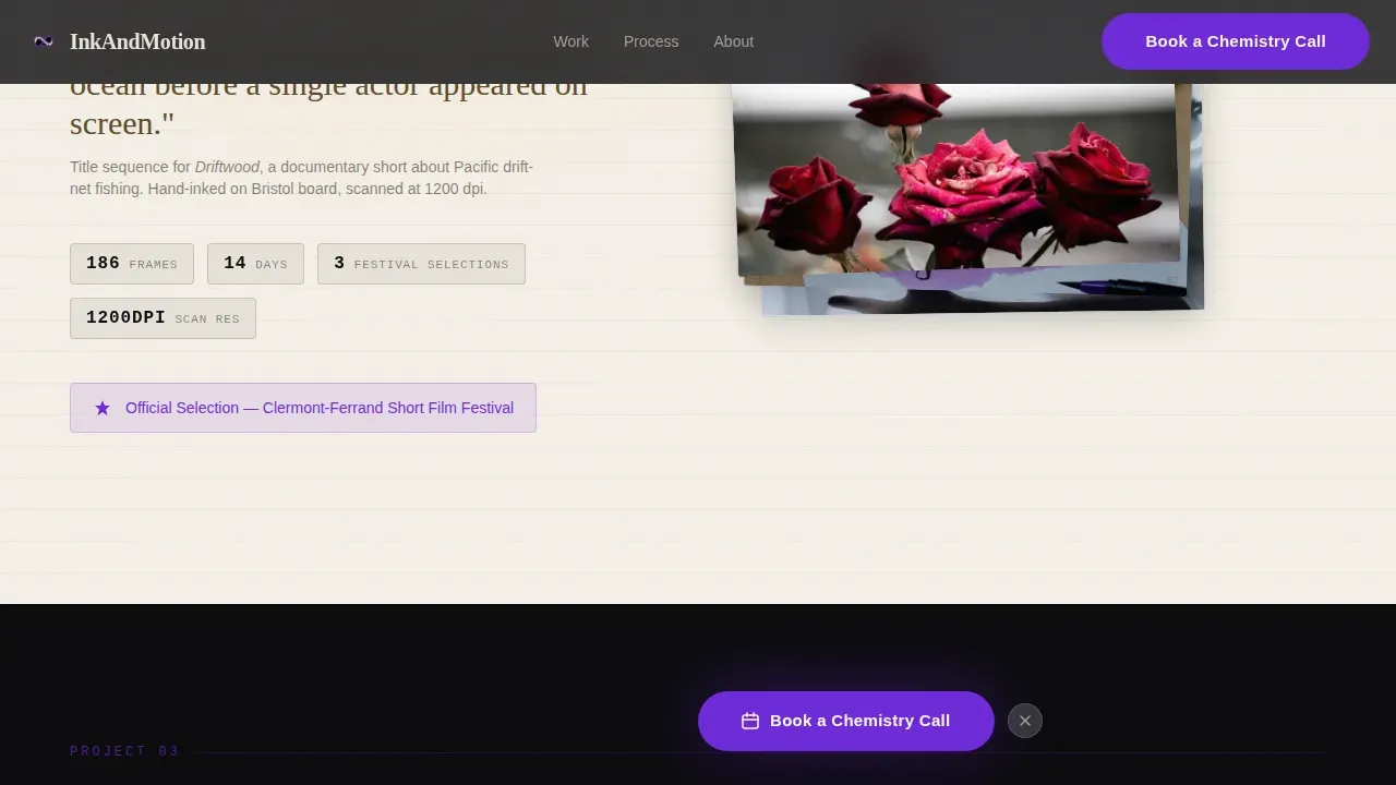 Hand-Inked Animator Interactive Portfolio Landing Page