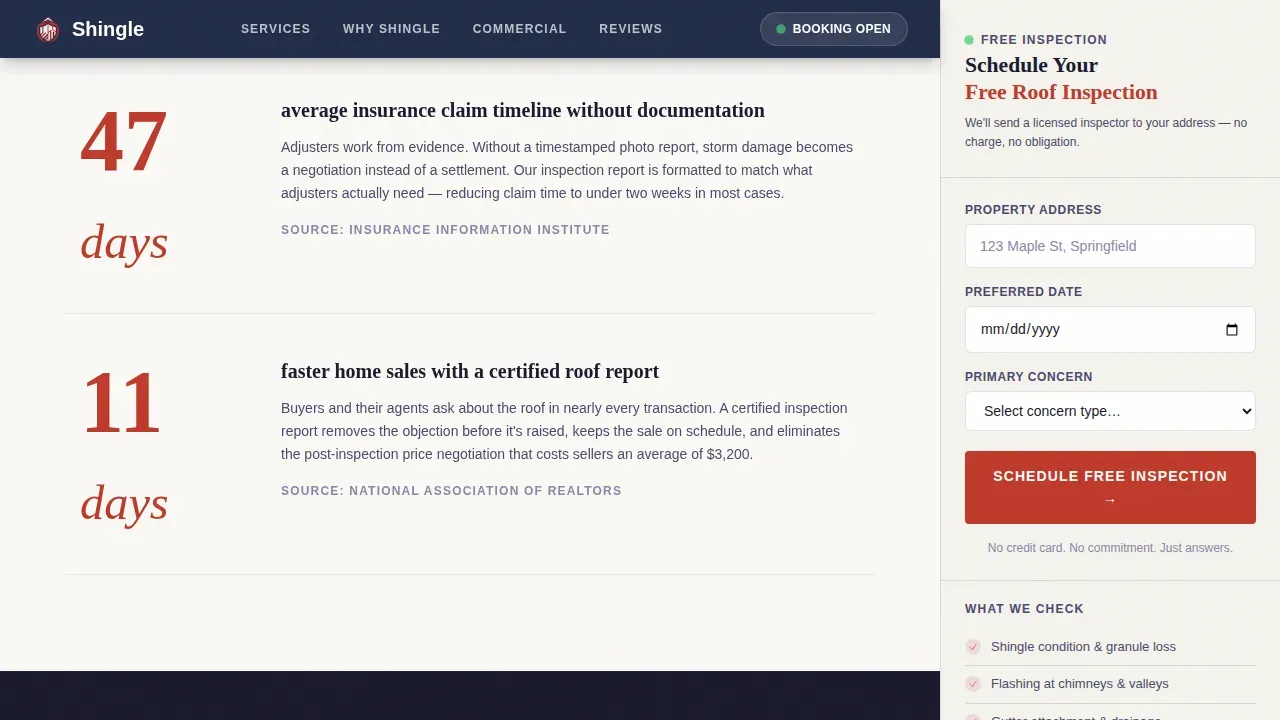 Stats-First Roofing Inspection Booking Landing Page