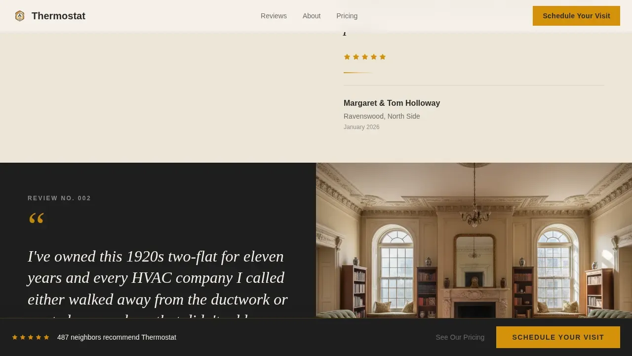 HVAC Landing Page Template, Editorial Testimonial Mosaic