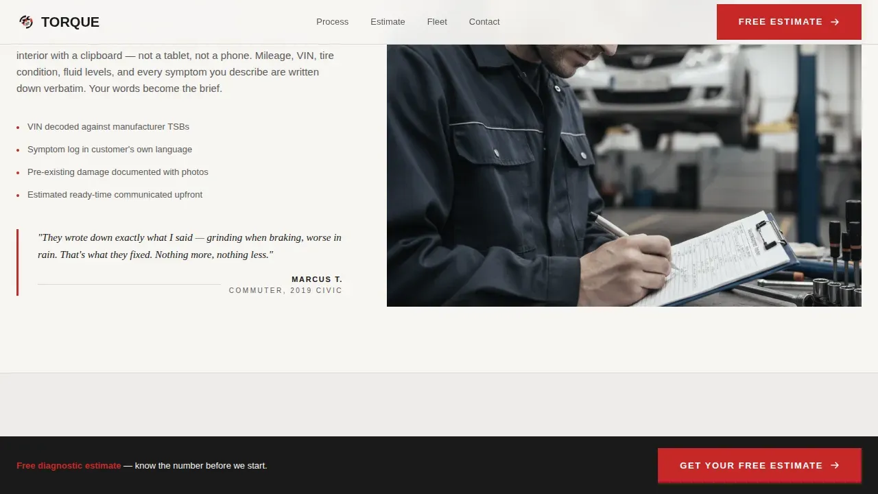 Honest Mechanic Estimates Landing Page Template