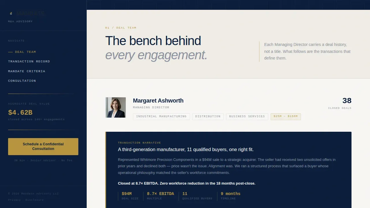 Elite M&A Advisory Deal Team Landing Page Template