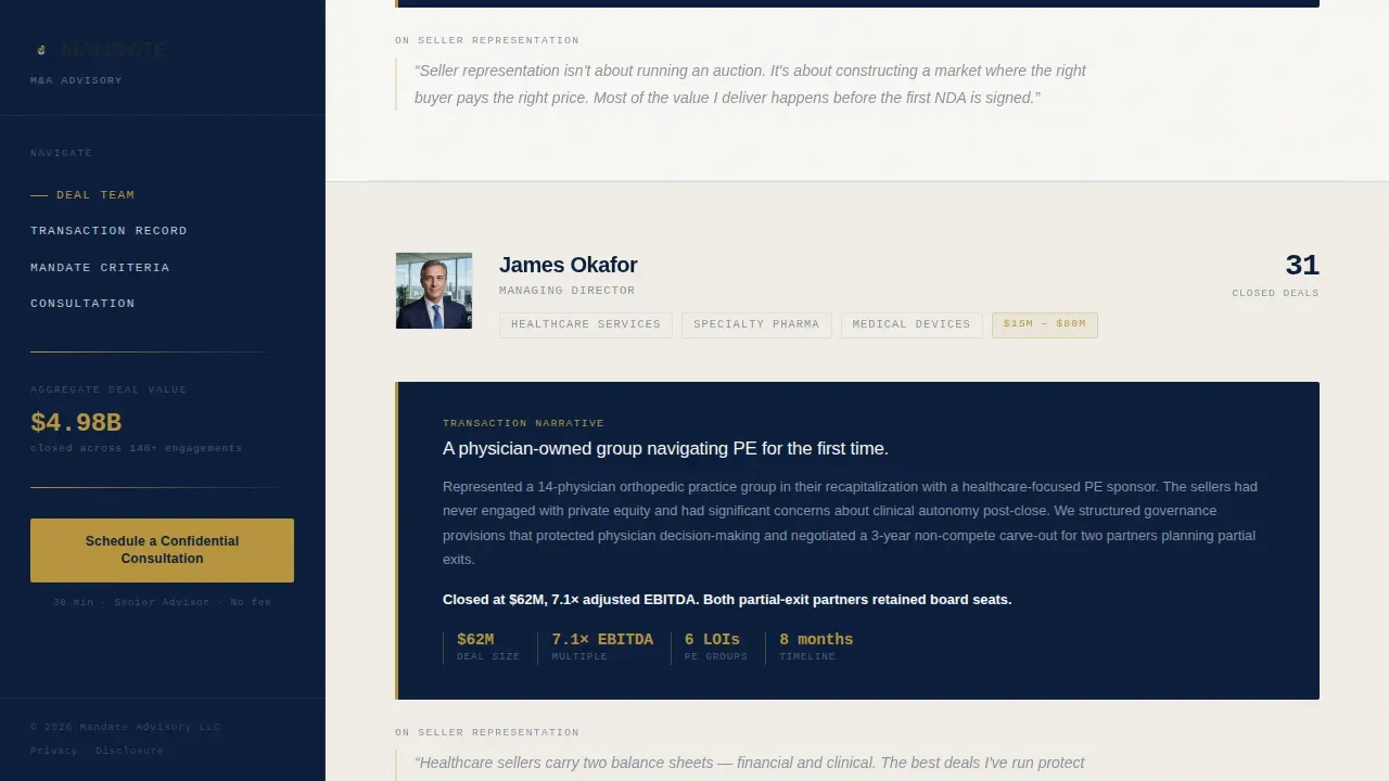 Elite M&A Advisory Deal Team Landing Page Template