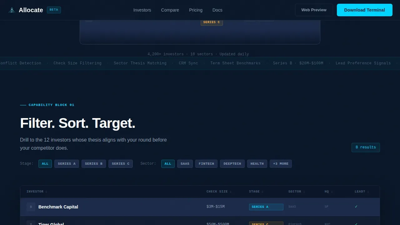 Investor Discovery Comparison Table Landing Page Template