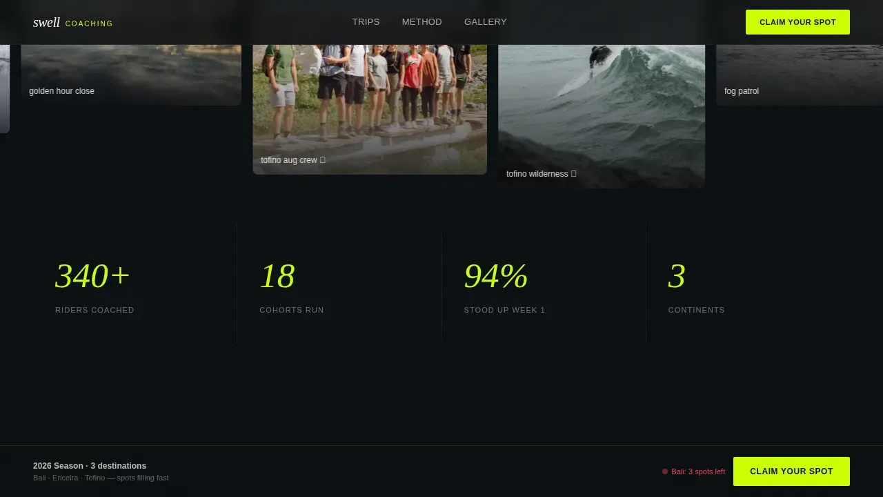Surfing Coaching Landing Page Template | Claim Your Wave