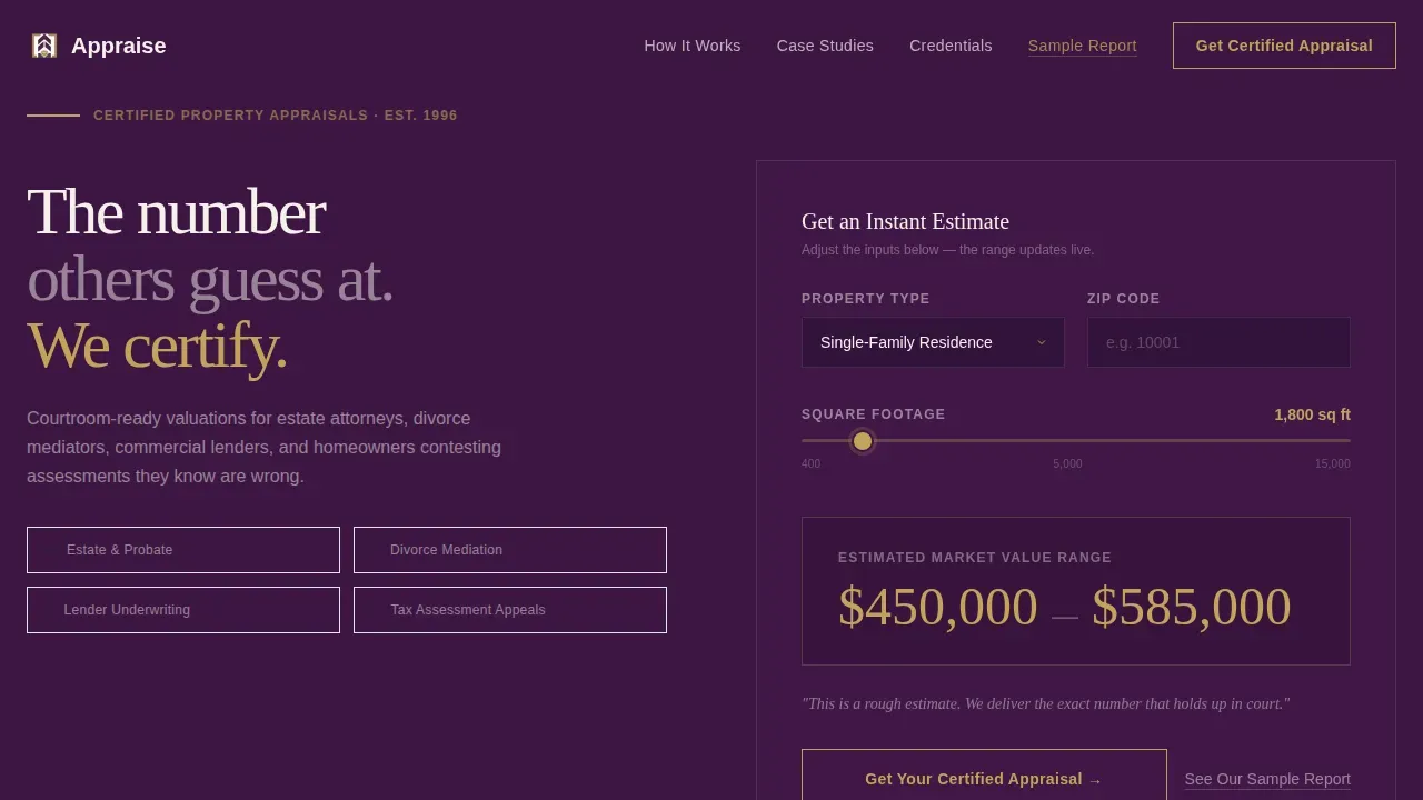 Courtroom-Ready Property Valuation Landing Page Template