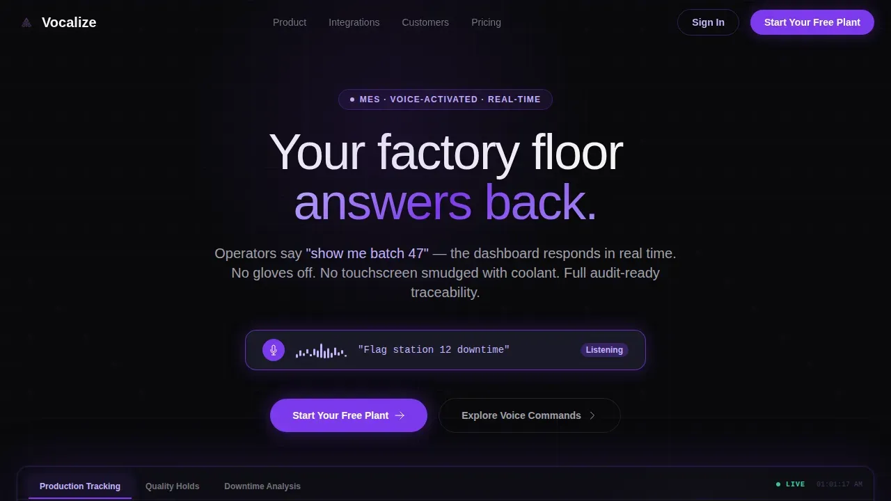Voice-Activated MES Dashboard Landing Page Template