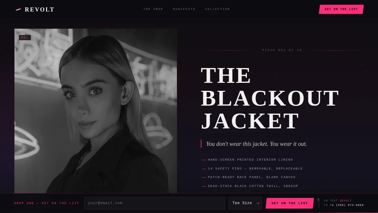 Revolt Punk Clothing Waitlist Landing Page Template