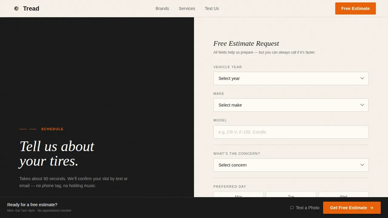 Tread Tire Shop Estimate Landing Page Template