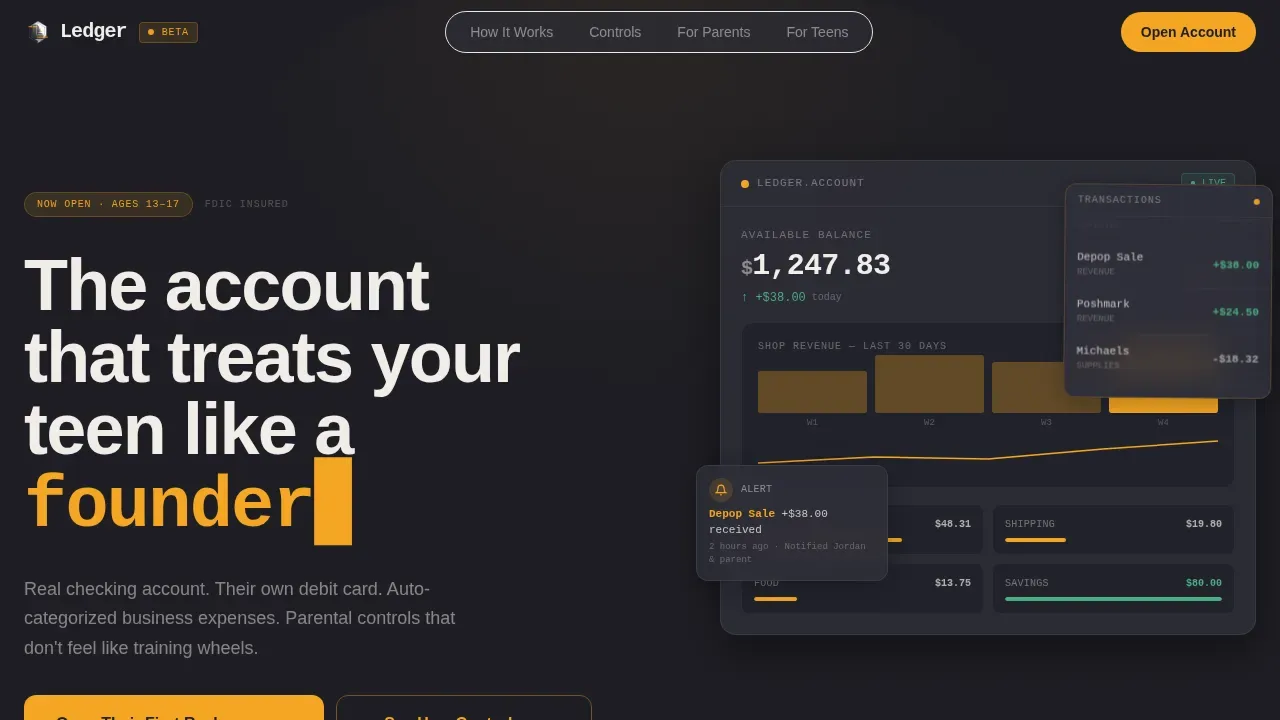 Ledger Teen Finance Dashboard Landing Page Template