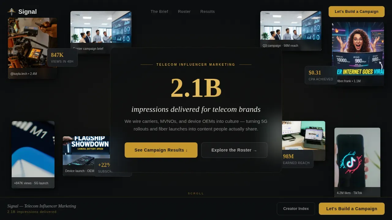Cinematic Telecom Influencer Marketing Agency Landing Page